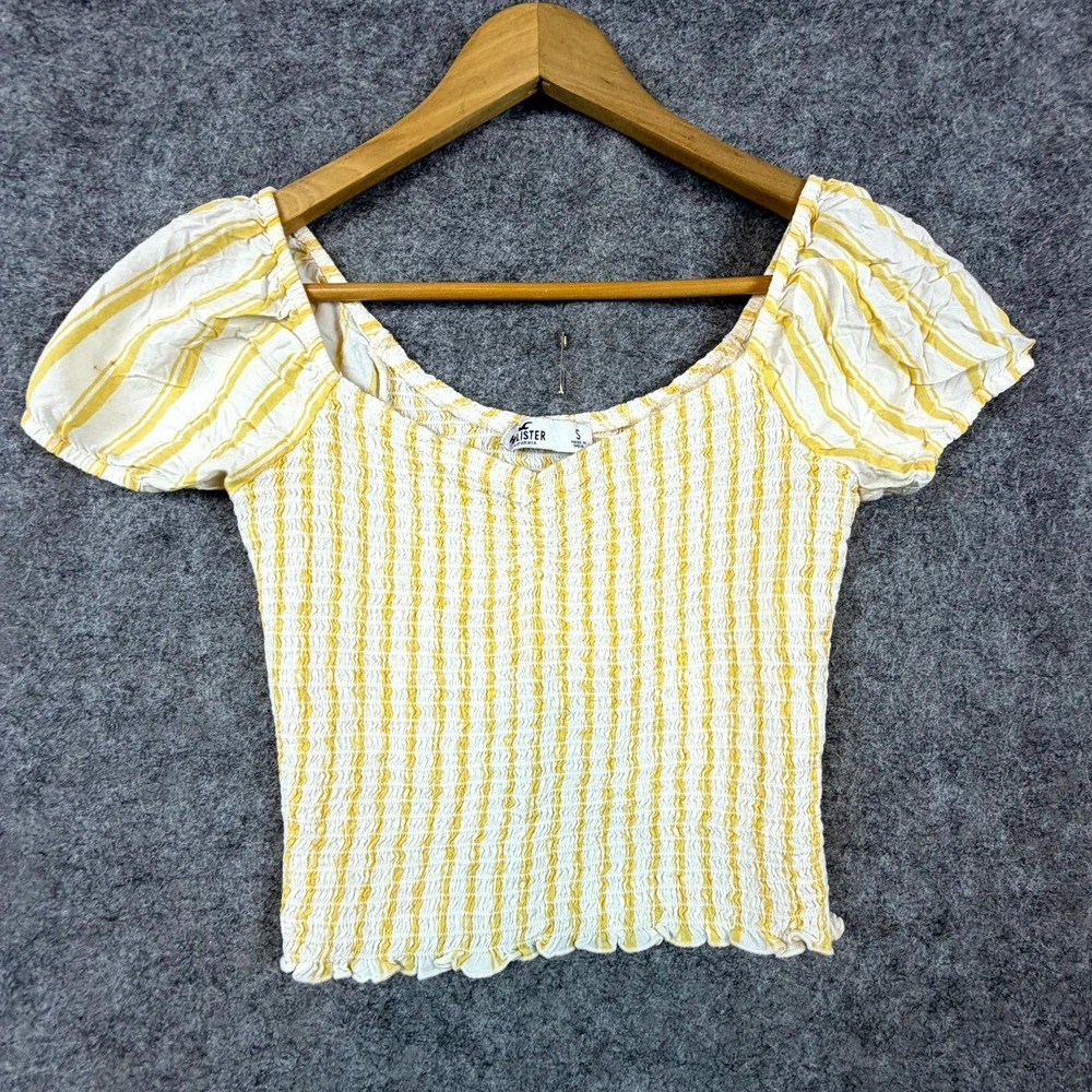 Hollister Crop Top Womens Small Y2k Yellow White Striped Smocked‎ Puff Sleeve